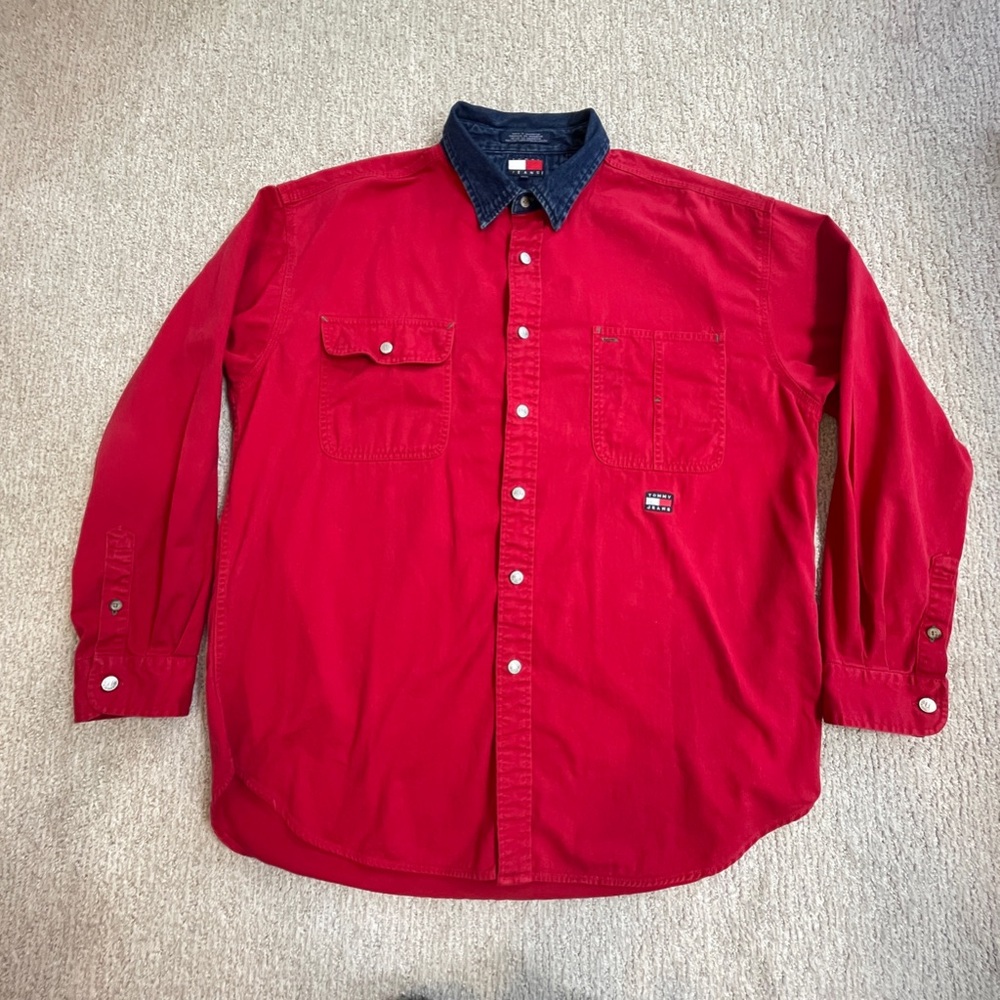 Vintage Timmy Hilfiger Tommy Jeans men's Shirt XL Red Cotton 90's Metal Buttons